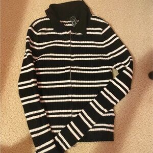 Black and White Striped Zip-Up Sweater